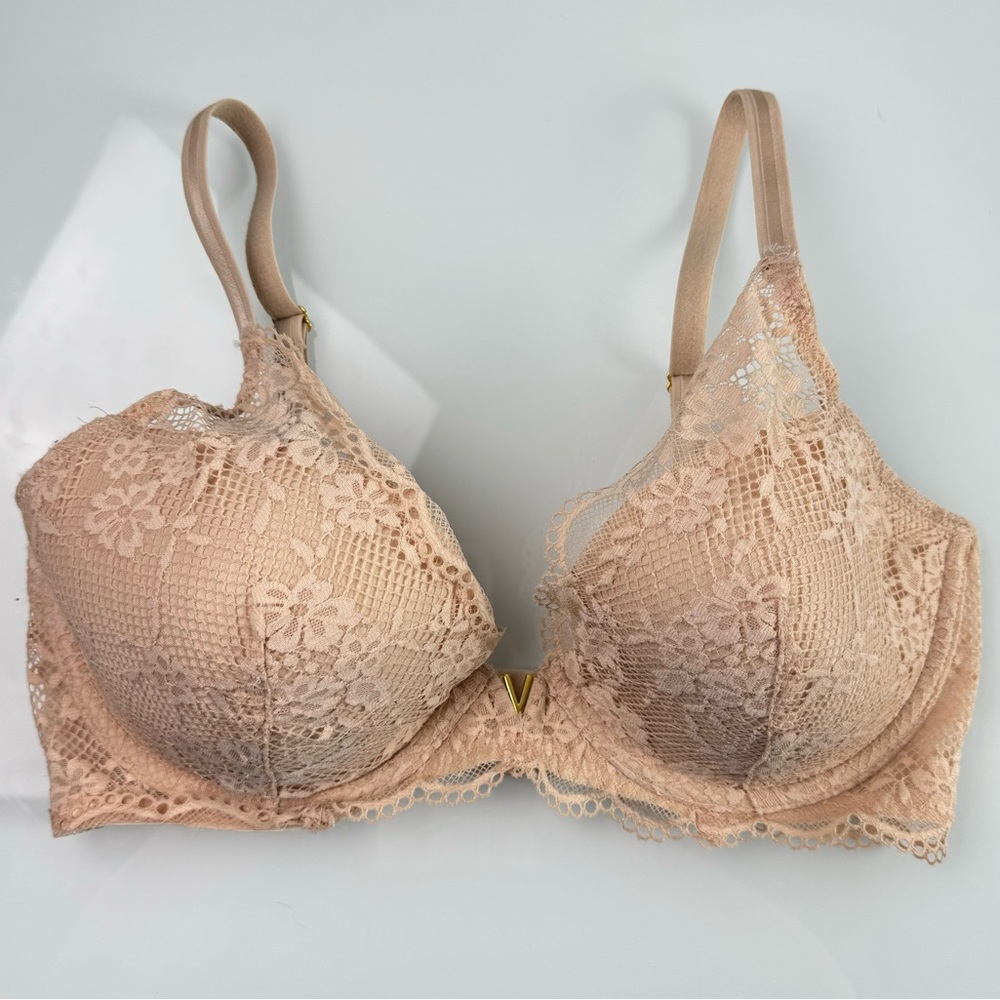 Victorias Secret Bra Plunge Padded Lace Nude Beige Cream Floral Printed‎ Knit